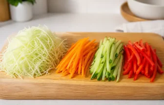 キャベツ・にんじん・きゅうり・パプリカを千切りと細切りにしたイメージ