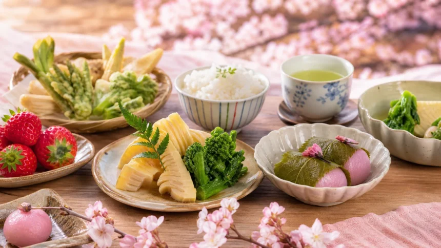Spring foods in Japan with sakura sweets strawberries and vegetables