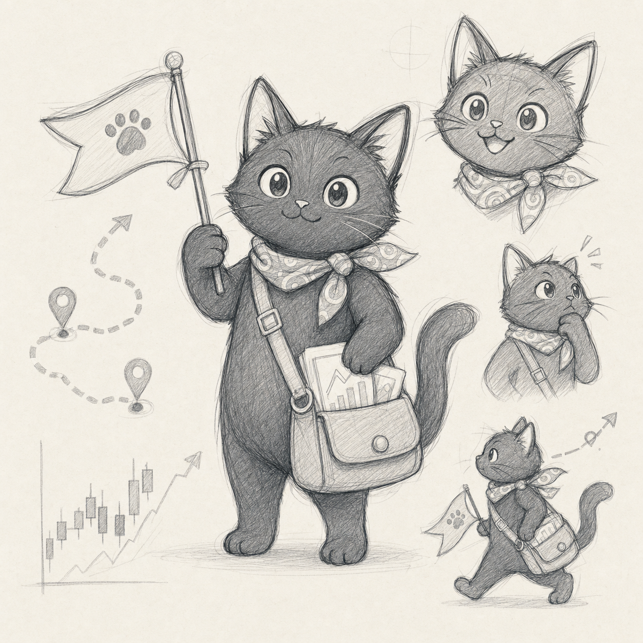 Stock Tourの案内役として描いた黒猫キャラクターのラフ画