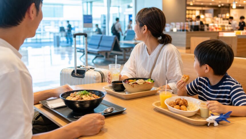 夏休み旅行で空港内のご当地フードを家族で食べながら休憩する様子
