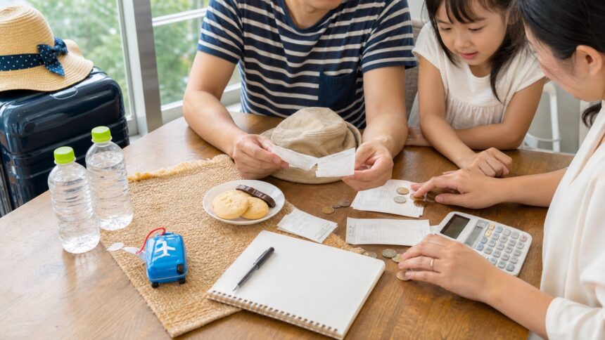 夏休み旅行の予算を交通費や食費に分けて家族で確認する様子