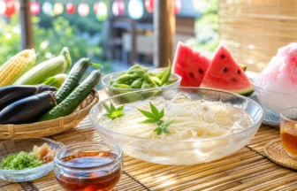 Summer foods in Japan with chilled noodles watermelon and vegetables