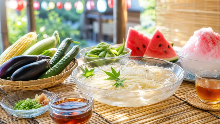 Summer foods in Japan with chilled noodles watermelon and vegetables