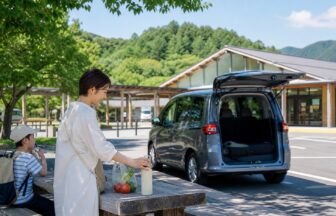 夏休みの車移動で道の駅に立ち寄り涼しく休憩する親子
