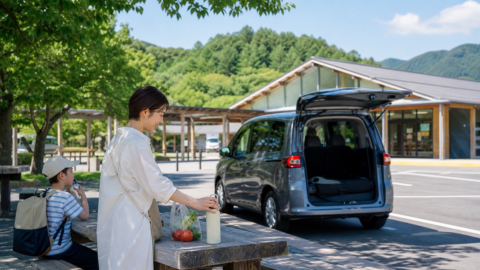 夏休みの車移動で道の駅に立ち寄り涼しく休憩する親子