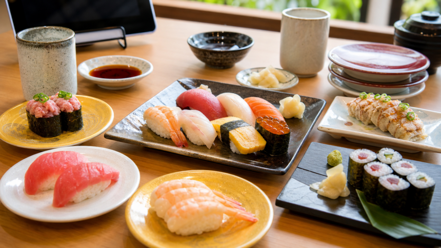 Different sushi plates at a casual sushi restaurant in Japan