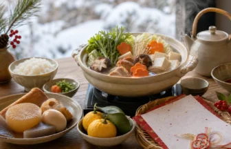Winter foods in Japan with hot pot oden rice and citrus