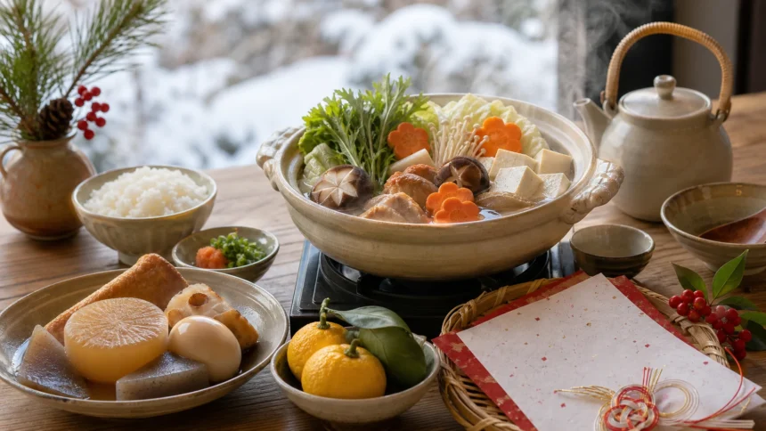 Winter foods in Japan with hot pot oden rice and citrus