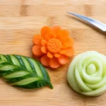 きゅうりの葉、にんじんの花、メロンの飾りをカービングしたイメージ
