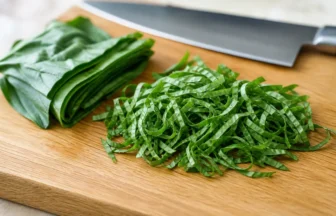 葉物野菜を重ねて細いリボン状のシフォナードに切ったイメージ