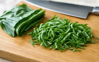 葉物野菜を重ねて細いリボン状のシフォナードに切ったイメージ