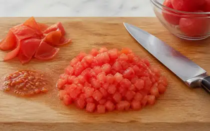 皮と種を外したトマトを小さく刻んだコンカッセのイメージ