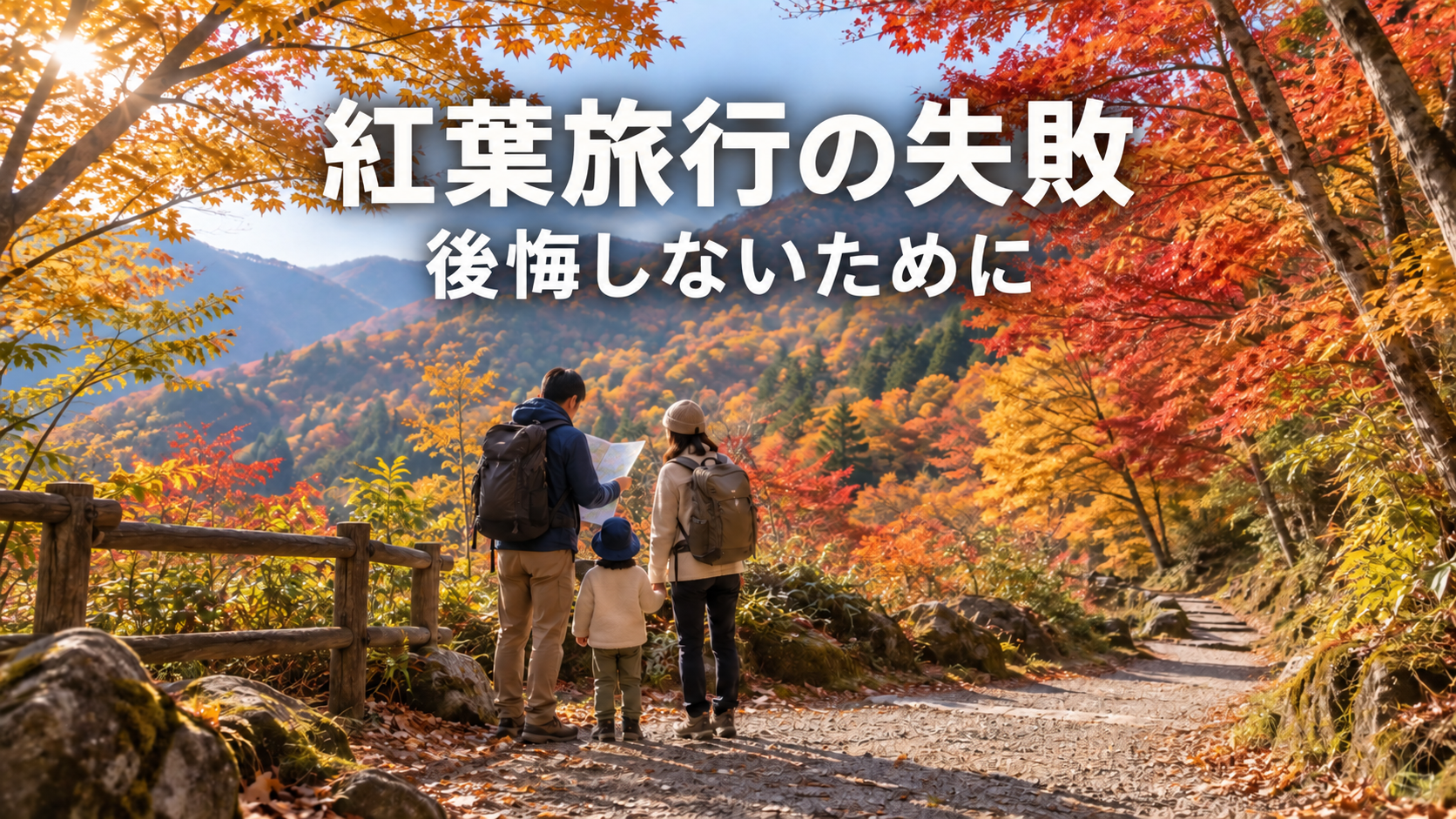 紅葉の山道で地図を確認する家族の画像に「紅葉旅行の失敗」「後悔しないために」の文字