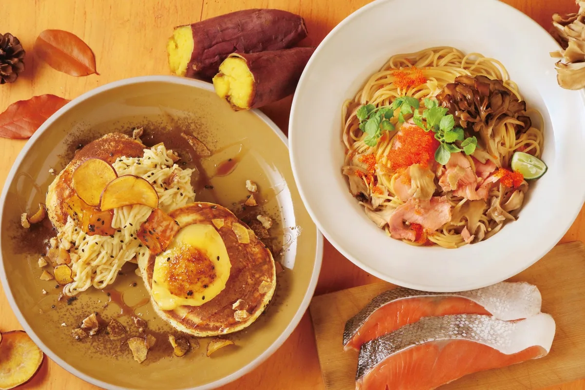 ココノハの秋鮭と舞茸のパスタと姫路店限定の焼き芋パンケーキ