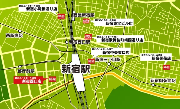 新宿駅周辺の銀だこハイボール酒場店舗地図