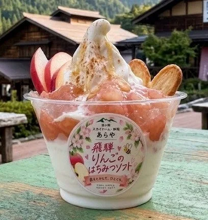 飛騨りんごの甘酸っぱさと濃厚なはちみつがマッチした「飛騨りんごのはちみつソフト」