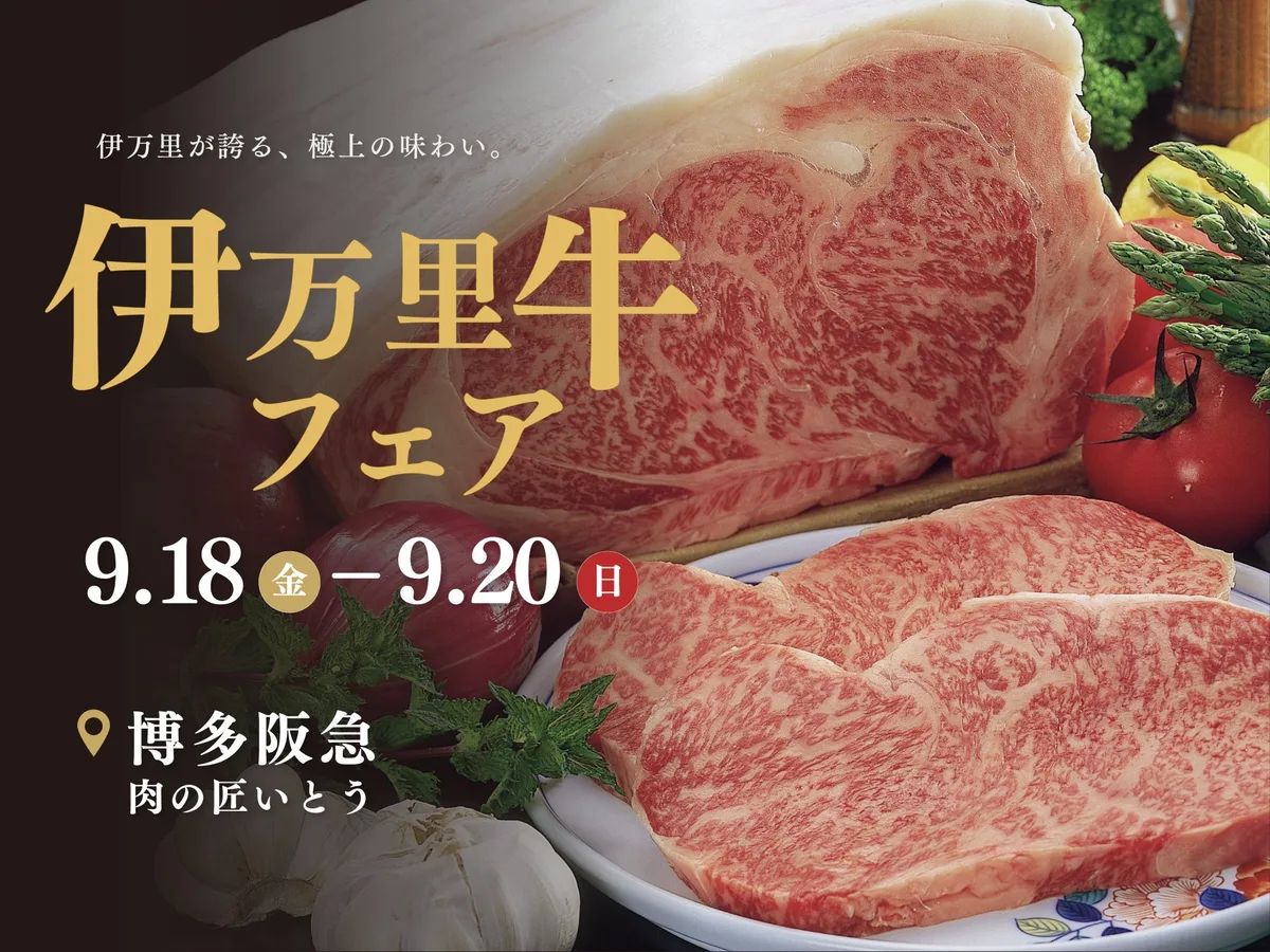 サーロインの塊肉と皿に並んだステーキ用の伊万里牛。「伊万里牛フェア」「9.18（金）-9.20（日）」「博多阪急 肉の匠いとう」の文字が入る
