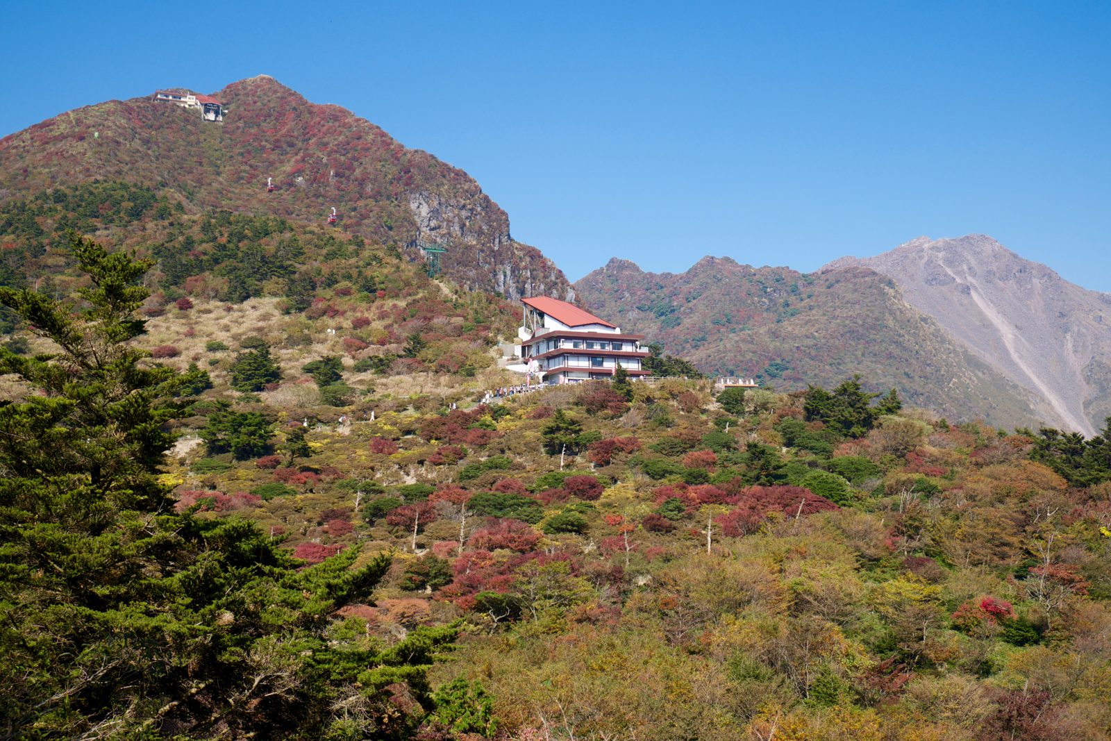 雲仙ロープウェイのゴンドラと、仁田峠周辺の山（10月下旬の写真）