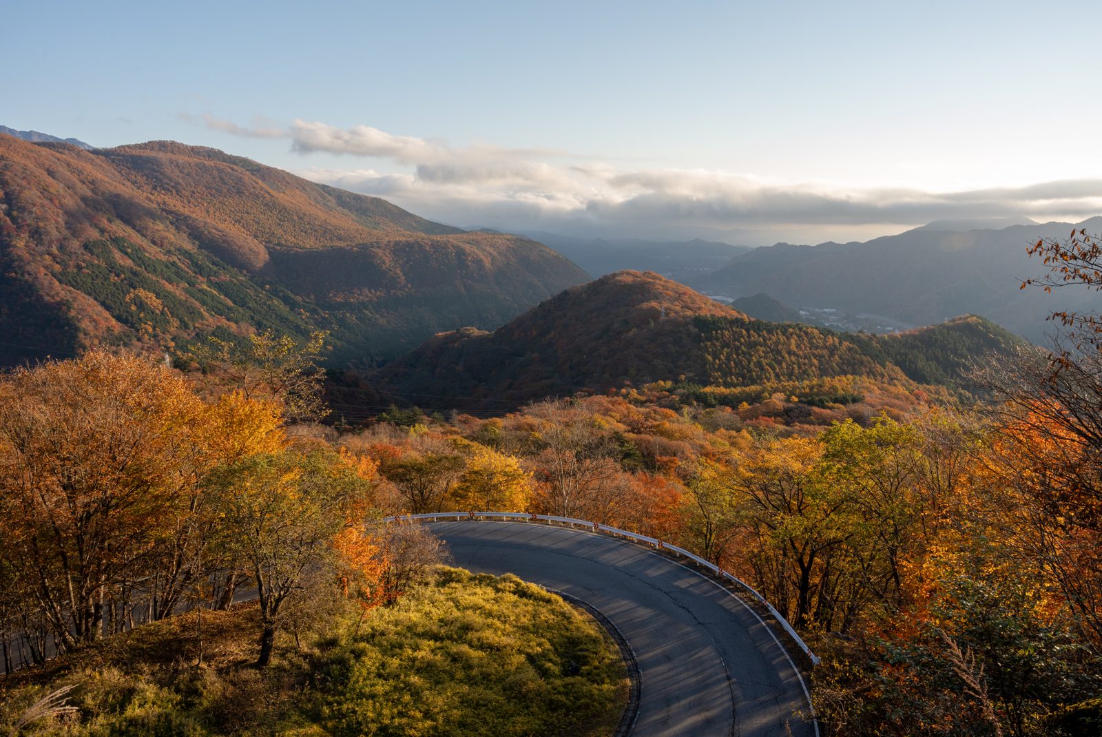 いろは坂のカーブと、周りの山の紅葉。夕方の光で山肌が橙色に染まる