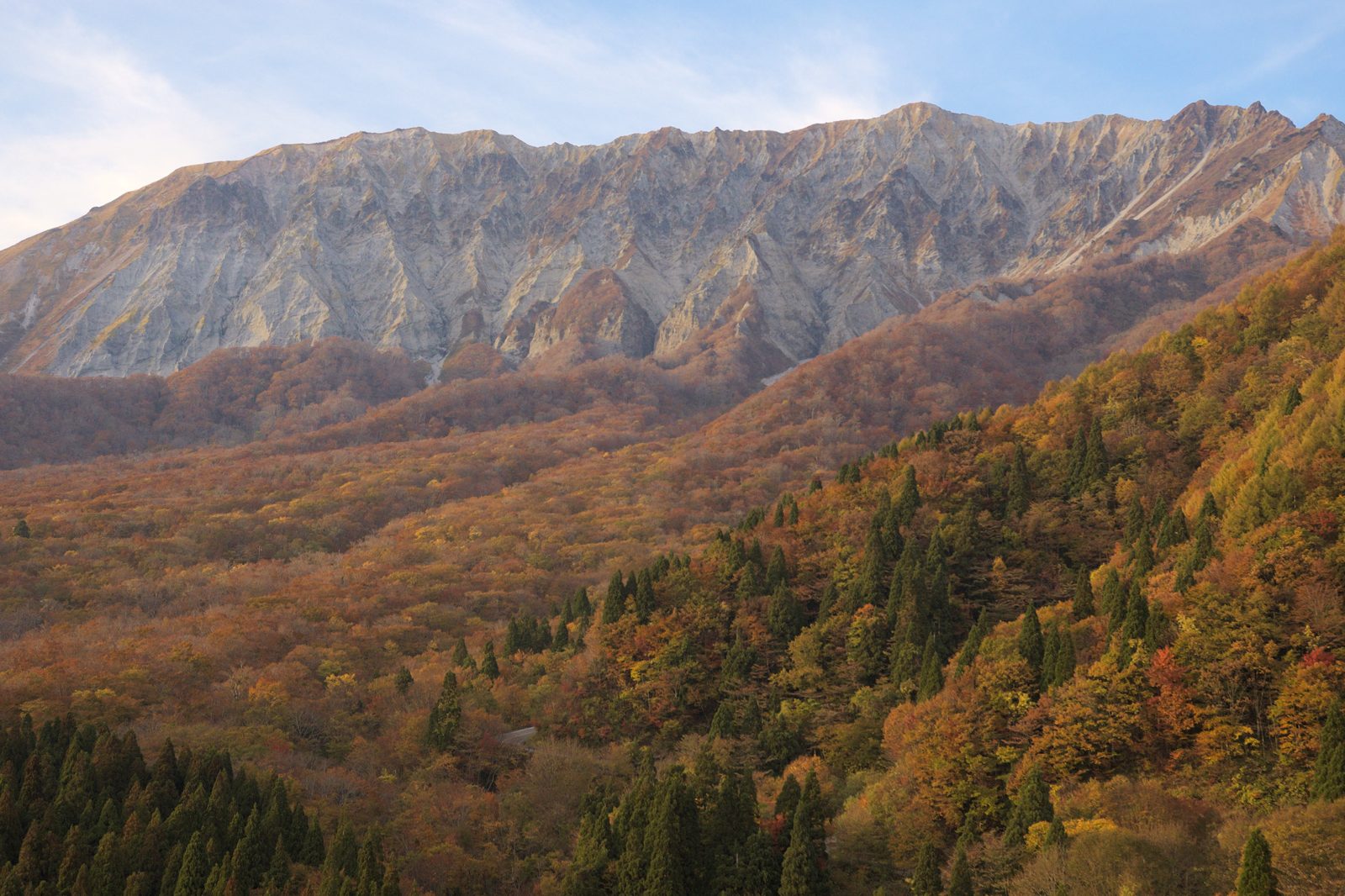 大山の岩壁と、山麓一面に広がる橙や黄色の紅葉