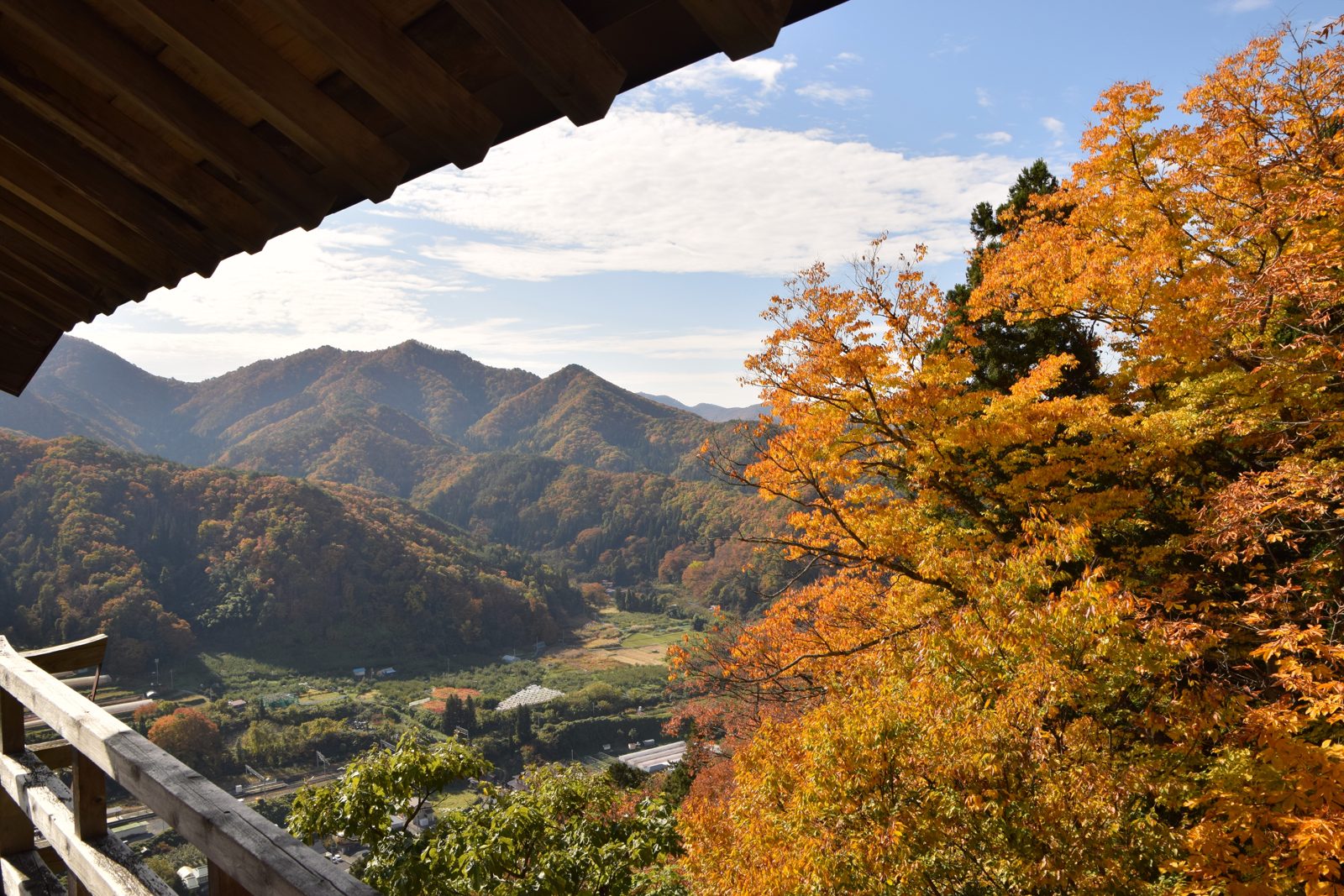 山寺の五大堂付近から見下ろした紅葉の山と門前の集落