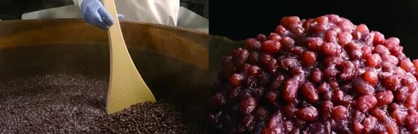 銅釜の中の小豆を大きな木べらで練る作業と、炊き上がった粒あん