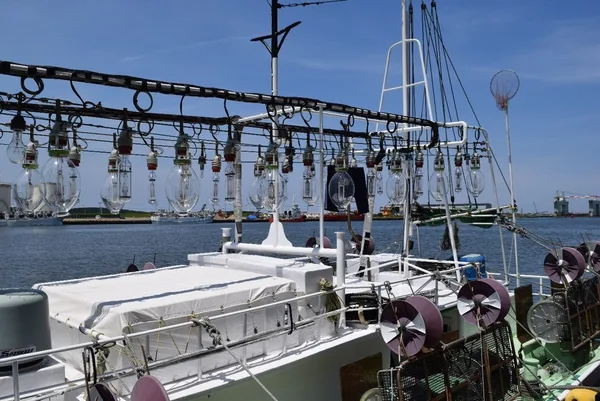 港に停泊するイカ釣り漁船。船の上に集魚灯の電球が並び、晴れた空と対岸の岸壁が見える