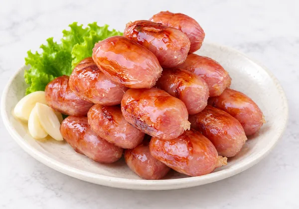 白い皿に盛られたソーセージとにんにく