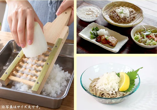 手で大根を鬼おろしにかけている場面と、おろした大根を添えたそば・焼き魚・和え物の料理