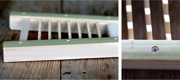 本体側面のヒノキの部分と、竹の鬼歯を留めるネジの接写