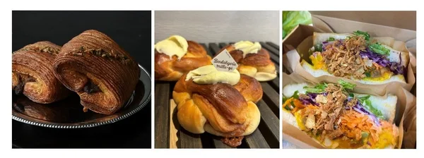 (写真左)パンスイス「パンとエスプレッソと異人館/神戸市」、(写真中)ミルジュのシナモンロール「ブーランジェリーミルジュ/芦屋市」、(写真右)野菜ゴロゴロサンド「YAMASAND/宍粟市」