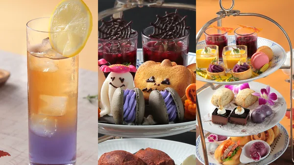 ハロウィーン仕様の菓子と秋のアフタヌーンティー、新作ドリンクの組み合わせ