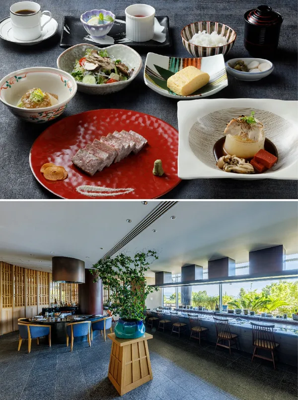 上:ランチ『蓬莱』 下:「鉄板焼 おおみ」店舗