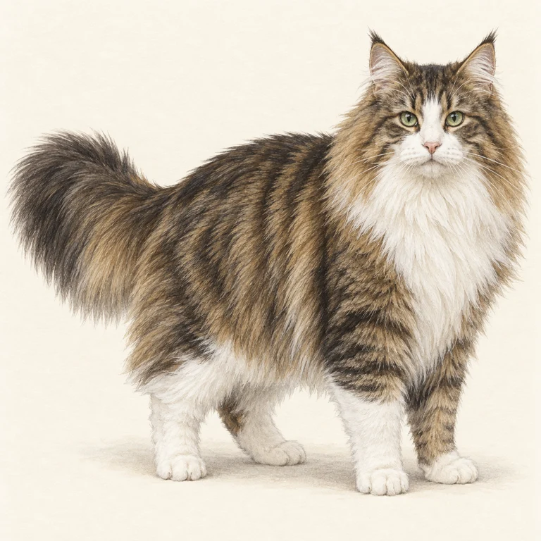 ノルウェージャンフォレストキャットの外見の一例を描いたAI生成イラスト
