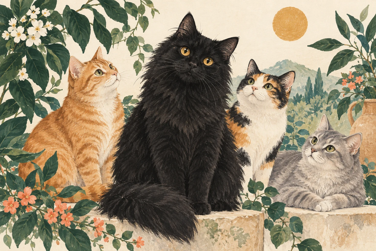 黒猫を中心に、茶トラ、三毛、灰色の猫が集うオリジナルイラスト