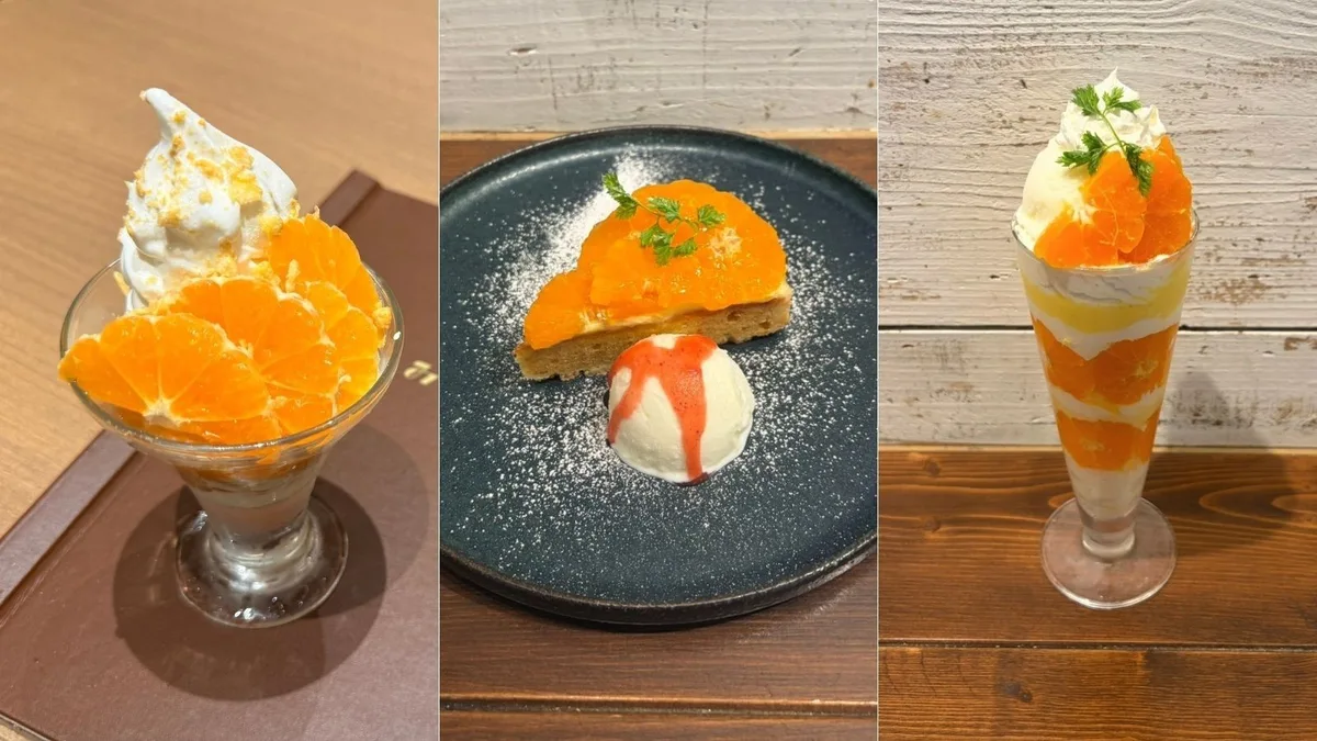 （左から）北原早生みかんのヨーグルトサンデー 650円 （みのる食堂金沢フォーラス店）／北原早生タルト～ミルクアイス添え～ 1,190円・北原早生のミルクアイスパフェ 1,690円