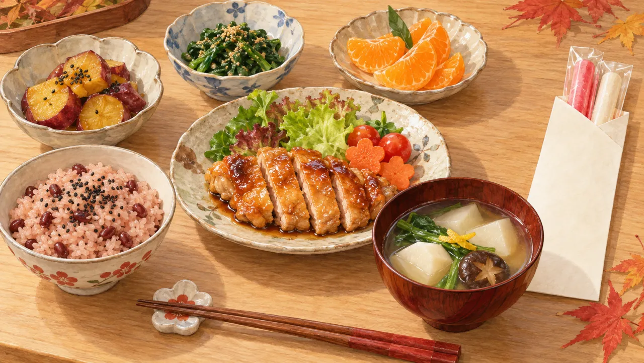 赤飯、鶏の照り焼き、さつまいも、ほうれん草、かぶの汁物と千歳飴を描いた七五三の祝い膳イラスト
