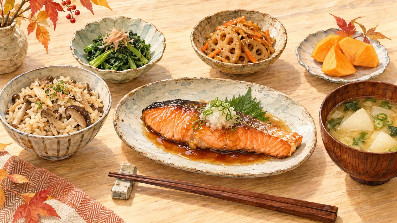 鮭のぽん酢焼き、きのこご飯、小松菜、れんこん、かぶのみそ汁、柿を並べた秋の和定食イラスト