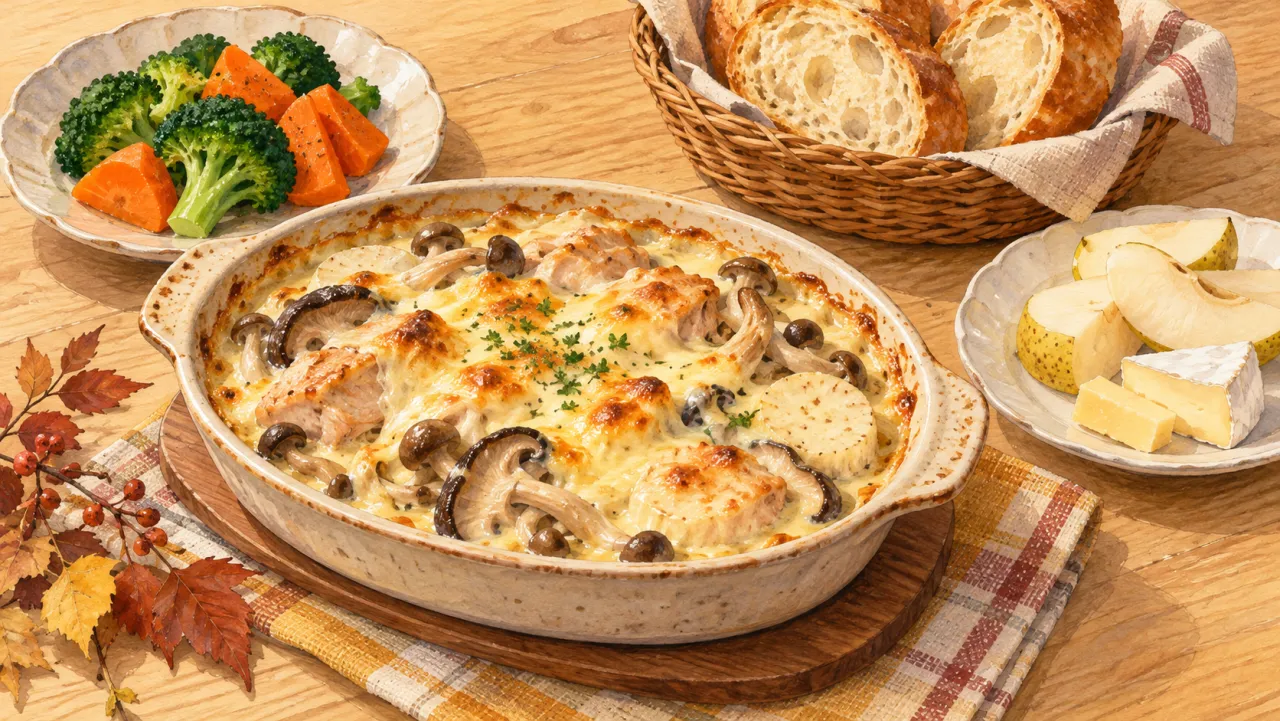 鶏肉・きのこ・長芋のグラタン、ブロッコリーとにんじんの温サラダ、パン、西洋なしとチーズの洋風献立イラスト