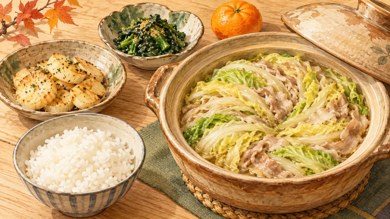 白菜と豚肉の重ね鍋に、白ご飯、長芋のソテー、ほうれん草のごま和え、みかんを添えた献立イラスト