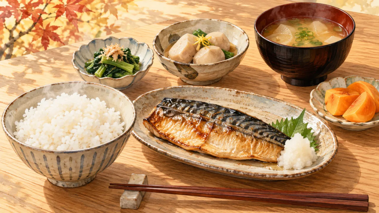 新米の白ご飯、さばの塩焼き、里芋の煮物、小松菜、大根とねぎのみそ汁、柿を並べた和定食イラスト