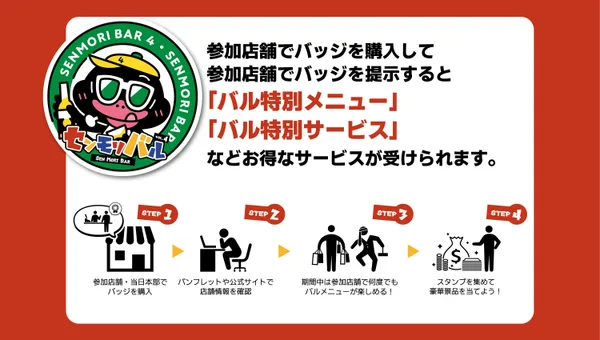 参加バッジは参加店舗で、イベント当日は本部「千林ふれあい館」でも買えることを示す画像