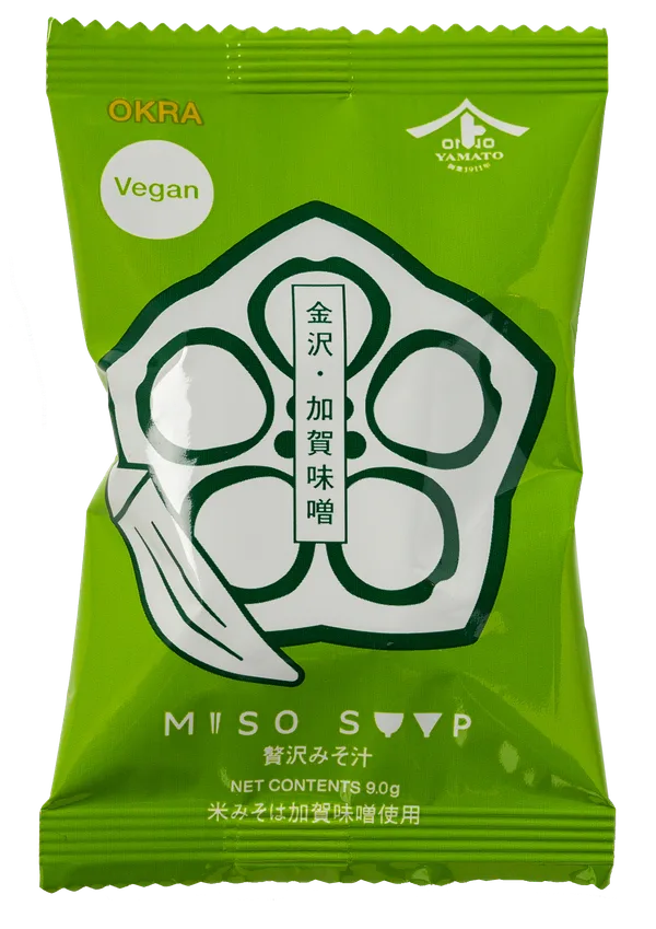 Vegan OKRA、MISO SOUPと英字表記を入れ、具材をイラストで示したデザイン
